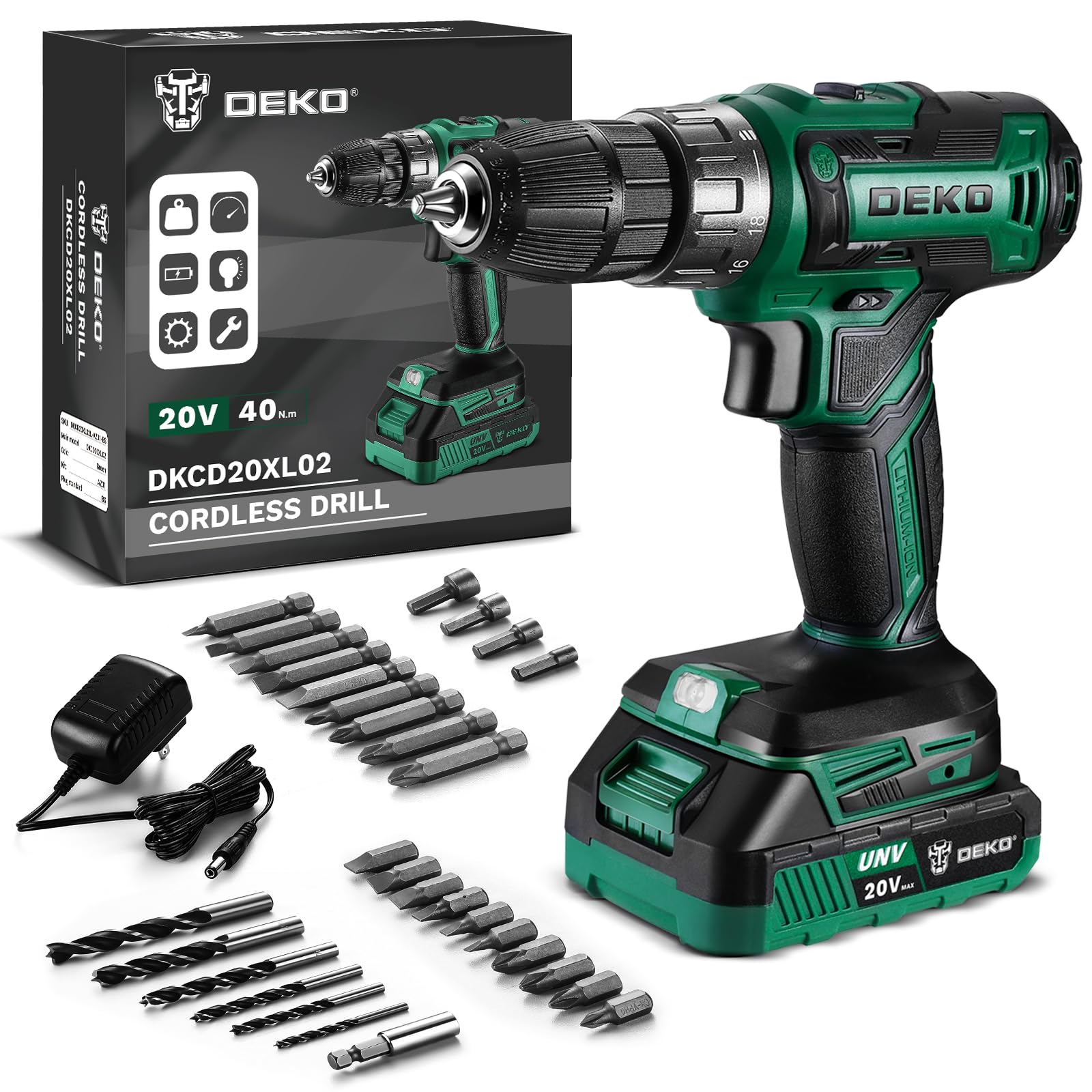 Power Drill Cordless: DEKO PRO Cordless Drill 20V Electric Power Drills Set Tool Drills Cord-less Set with Battery and Charger