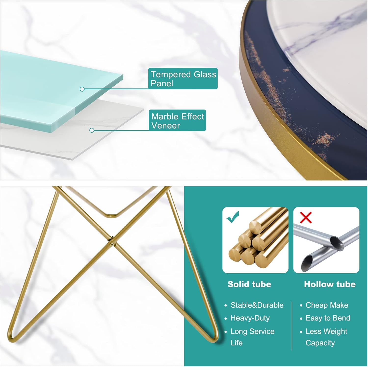 HLR Modern Round Side Table, End Table with Marble Effect Top and Gold Metal Frame, Small Side Table for Living Room, Bedroom, Sofa and Couch, Gold Legs, Green Marble top