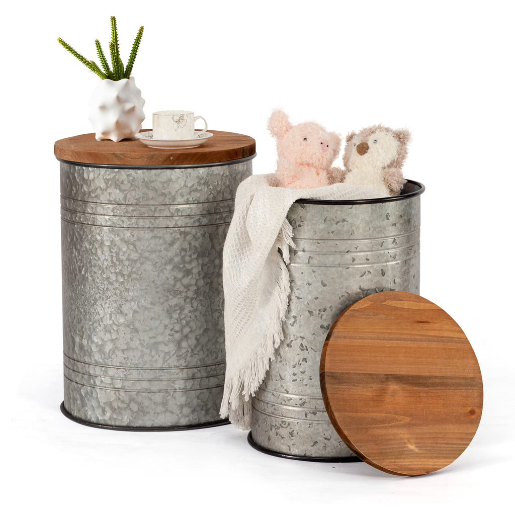 Poofzy Farmhouse End Tables Set of 2, Galvanized Metal Decor Side Table with Wood Lid, Coffee Table Storage Stool for Living Room (Black)