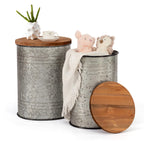 Poofzy Farmhouse End Tables Set of 2, Galvanized Metal Decor Side Table with Wood Lid, Coffee Table Storage Stool for Living Room (Black)