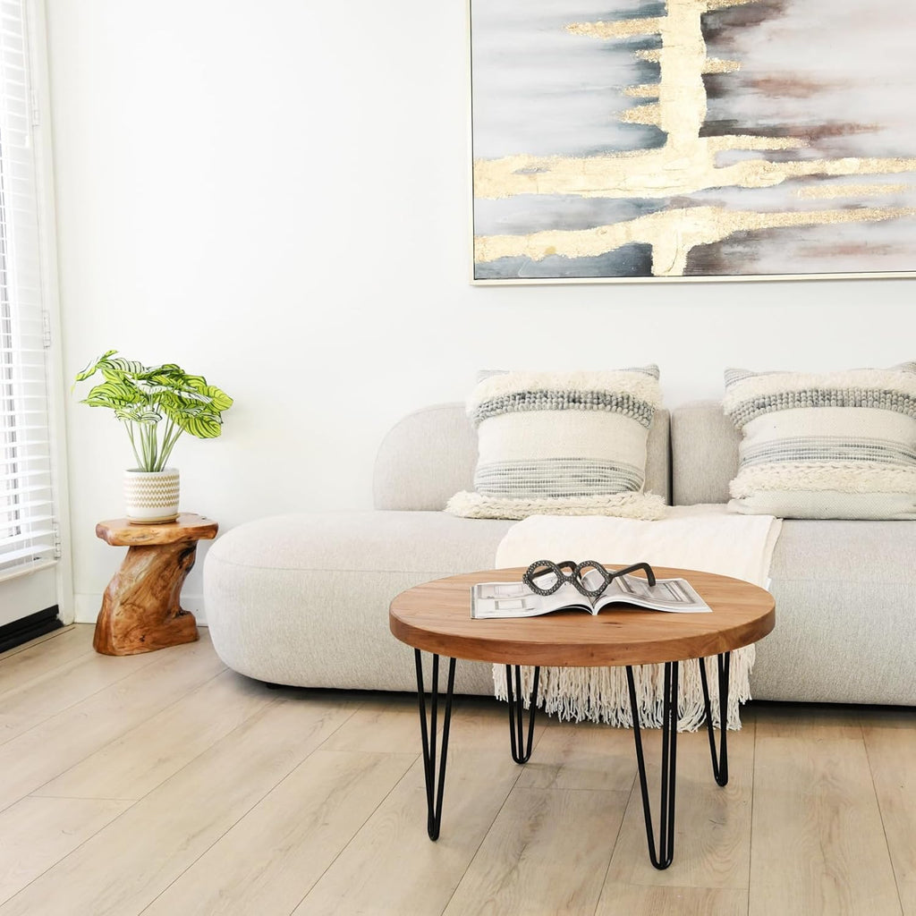 WELLAND Reclaimed Old Elm Coffee Table 27.5"x27.5"x16" H Accent Vintage Coffee Table Rustic Round Table for Living Room Patio Bedroom Home Office