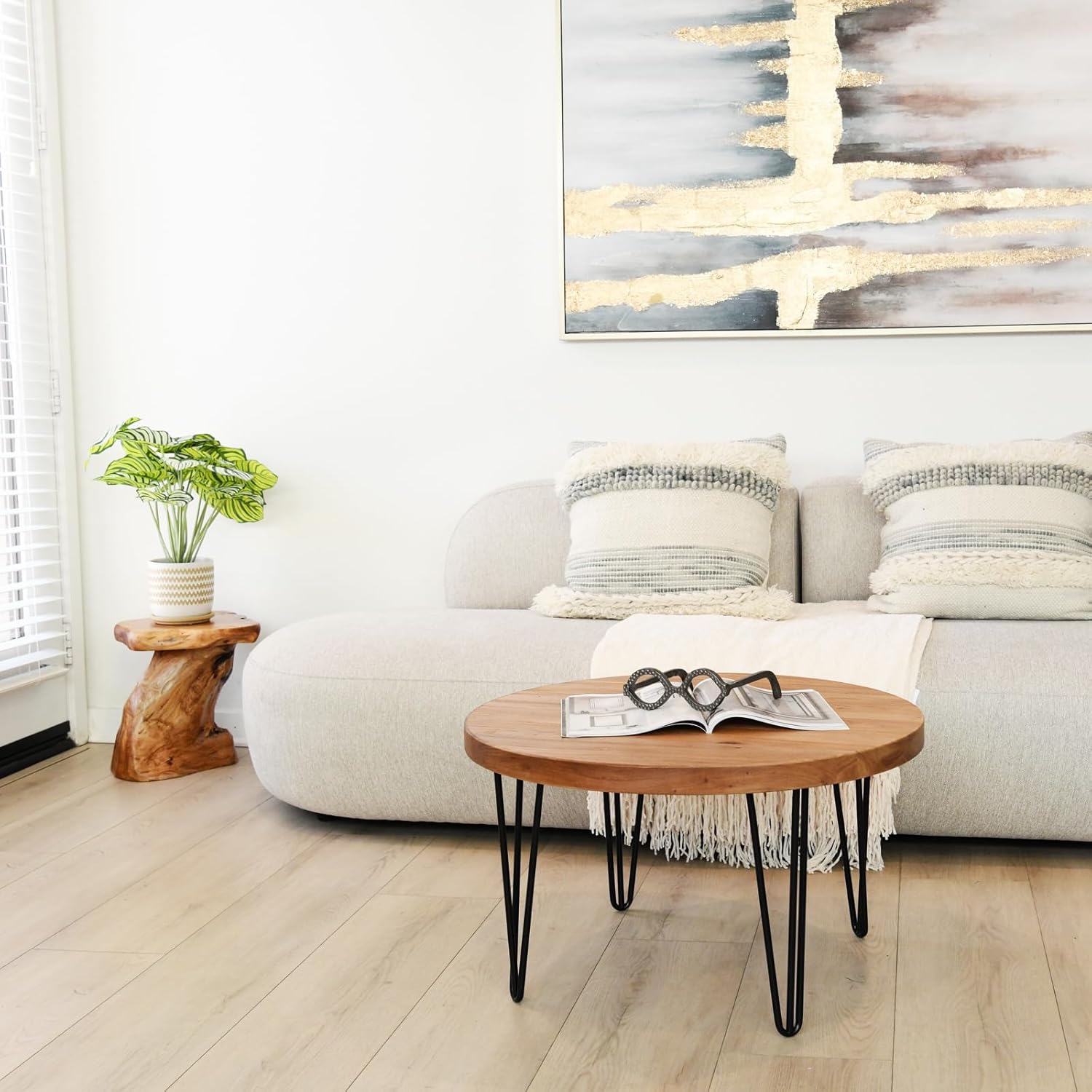 WELLAND Reclaimed Old Elm Coffee Table 27.5"x27.5"x16" H Accent Vintage Coffee Table Rustic Round Table for Living Room Patio Bedroom Home Office