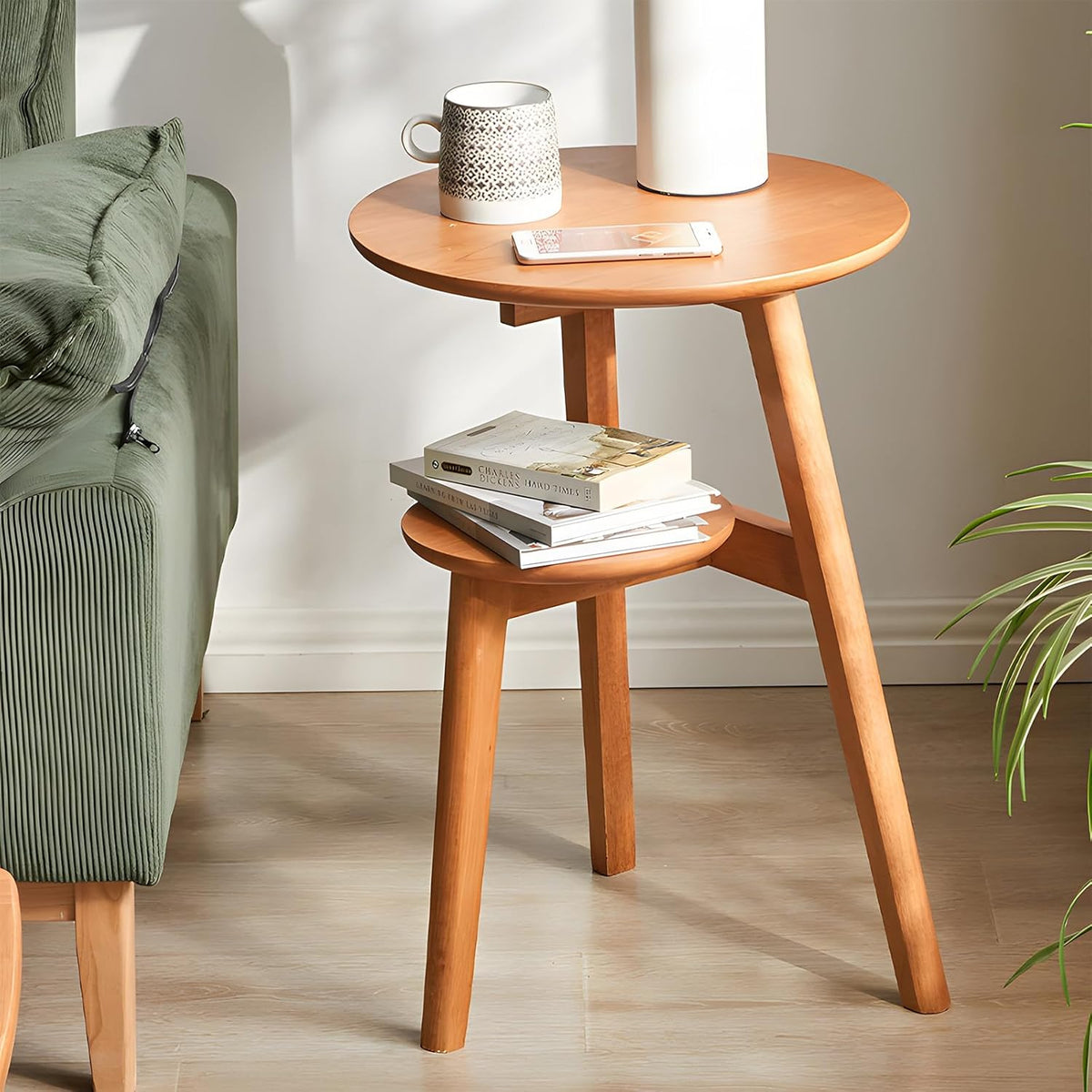 Side Table, 2-Tier Round End Tables Living Room, Mid Century Modern Side Table, Round Nightstand, Oak Accent Table, Small Round Coffee Table, 16.54" Dia.x 23.62" H(Natural)
