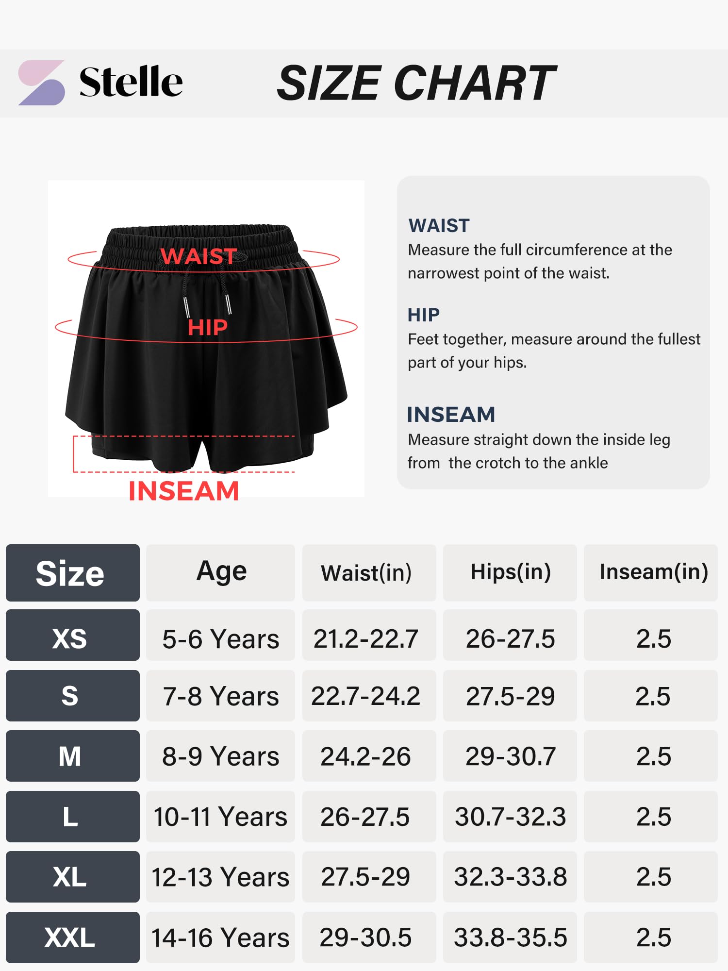 Stelle Pige Flydende Shorts med Lommet Atletisk Løbeskørt Høj Talje Sommerfugl 2 i 1 Sports Shorts 5-16 År (Sort, L)