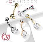 Forbidden Body Jewelry 14K Gold Belly Button Ring 14G 10mm w/Double Crystal - Stainless 316L Surgical Steel Belly Button Piercing - Yellow Barbell Belly Rings Women Navel Piercing Jewelry (1 Pc)