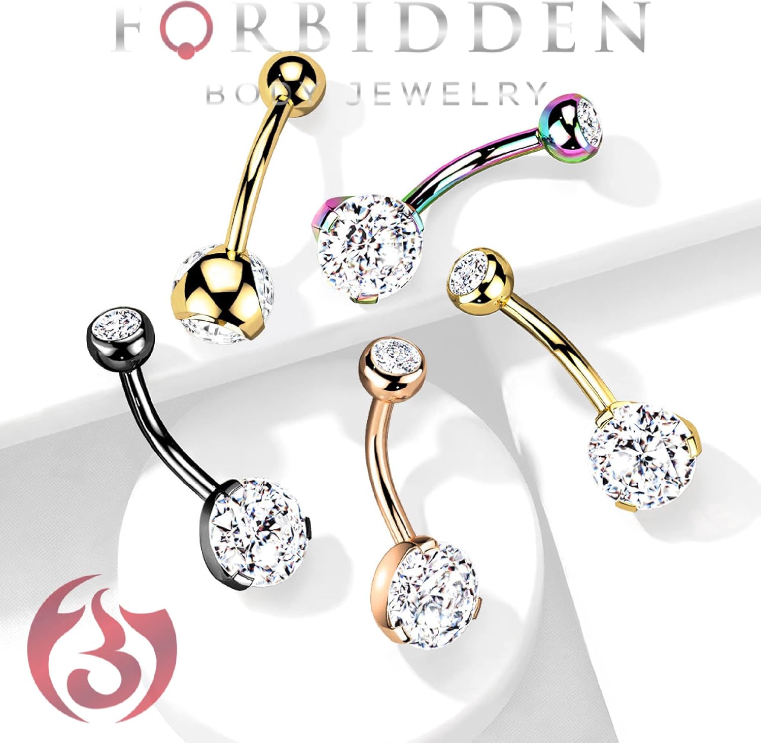 Forbidden Body Jewelry 14K Gold Belly Button Ring 14G 10mm w/Double Crystal - Stainless 316L Surgical Steel Belly Button Piercing - Yellow Barbell Belly Rings Women Navel Piercing Jewelry (1 Pc)