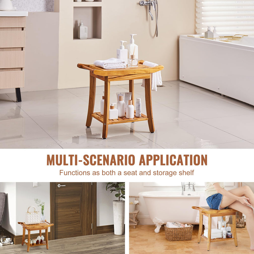 VEVOR Teak Shower Bench, 22 x 14.4 x 18.5 in, Waterproof Wood Shower Stool with Storage Shelf Handle Non-Slip Feet, 300 lbs Maximum Load Capacity Shower Chair Seat, for Bathroom Indoor and Outdoor Use