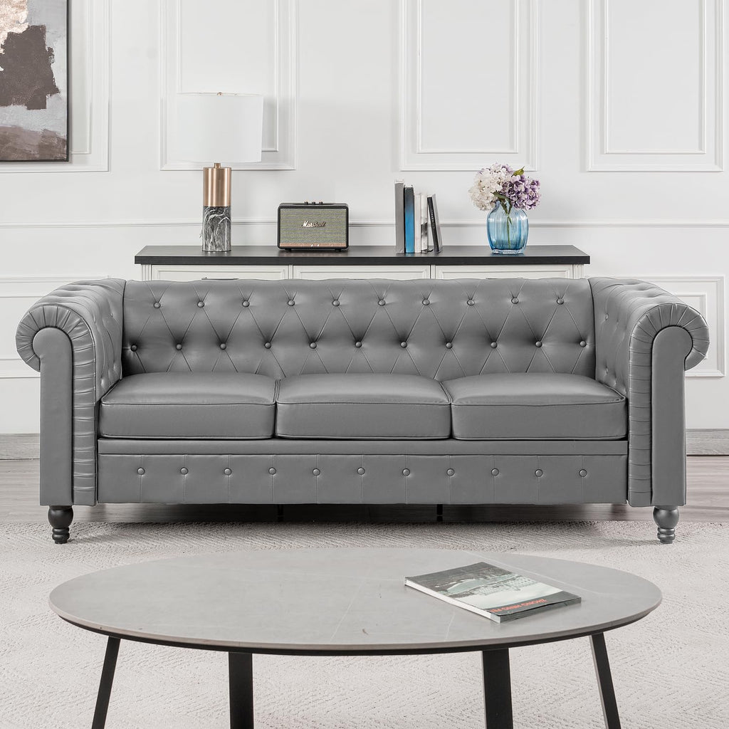 Emery Chesterfield 3 Piece Living Room Sectional Sofa Set Rolled Arms, Tufted Cushion Sofas for Living Room Set Includes Sofa, Loveseat Couch, Accent Arm Chair / Easy Tool-Free Assembly – Off White