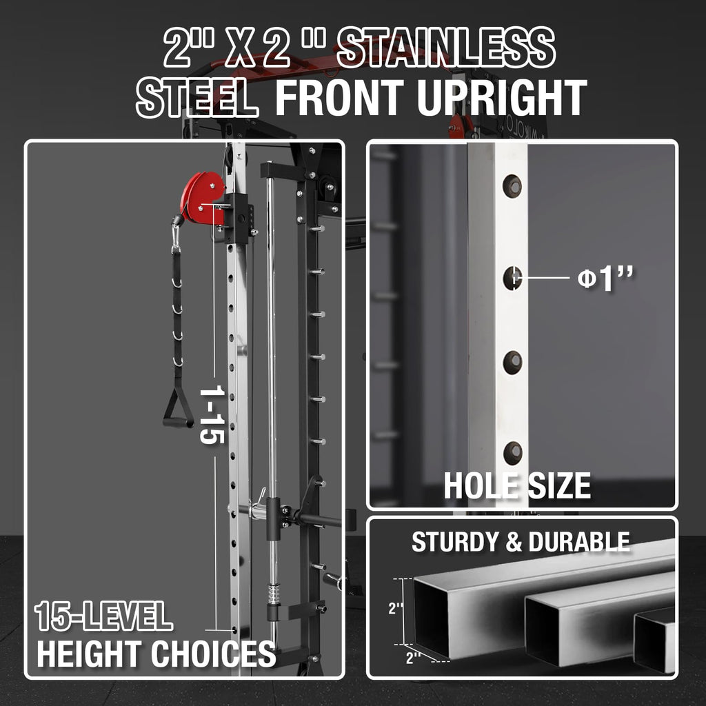 Mikolo Smith Machine, 2200lbs Squat Rack with LAT-Pull Down System & Cable Crossover Machine, Training Equipment with Leg Hold-Down Attachment