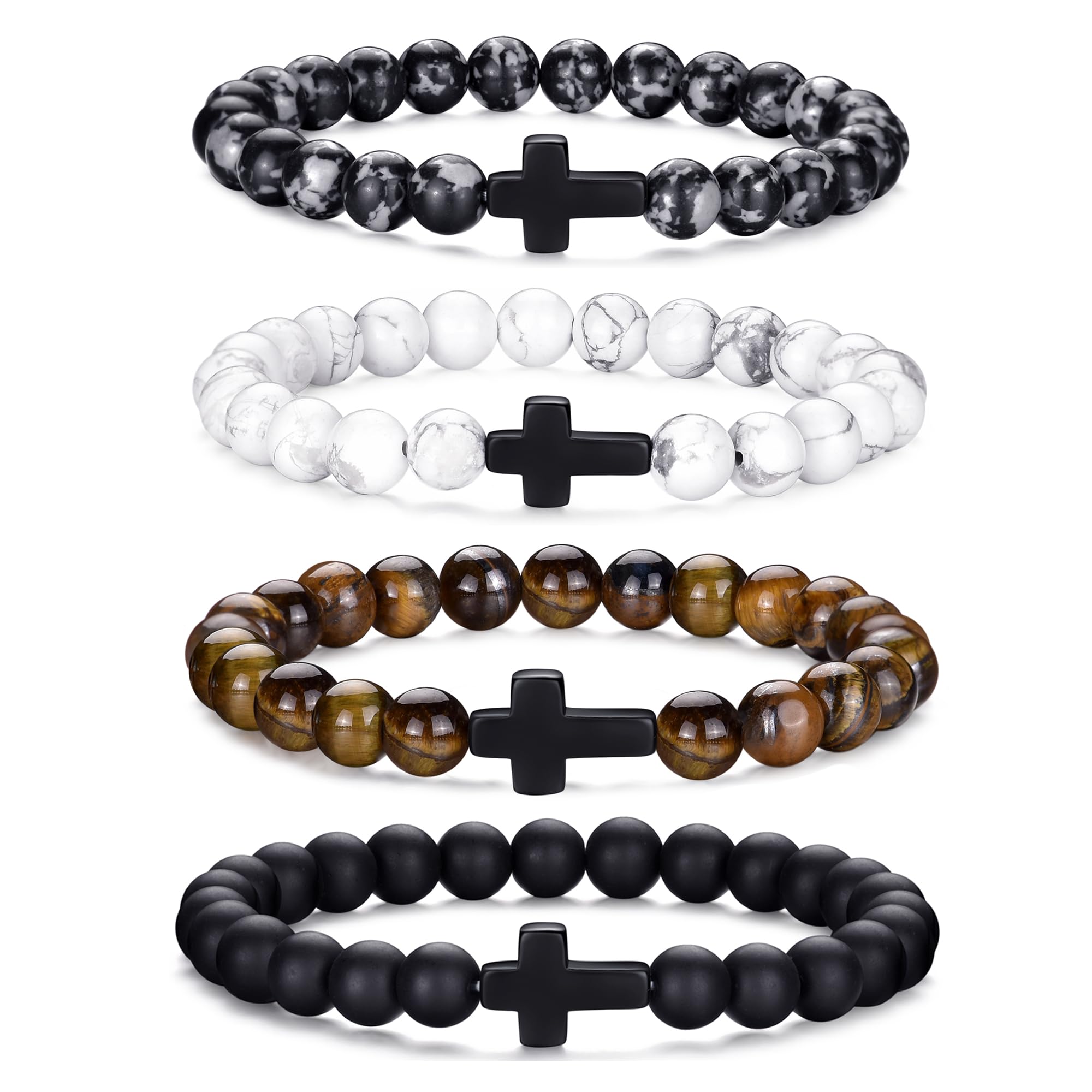 RANKEEF Tiger Eye Bracelet For Men 8MM Natural Stone Stretch Adjustable Black Crystal Beaded Bracelet for Men Women Gifts