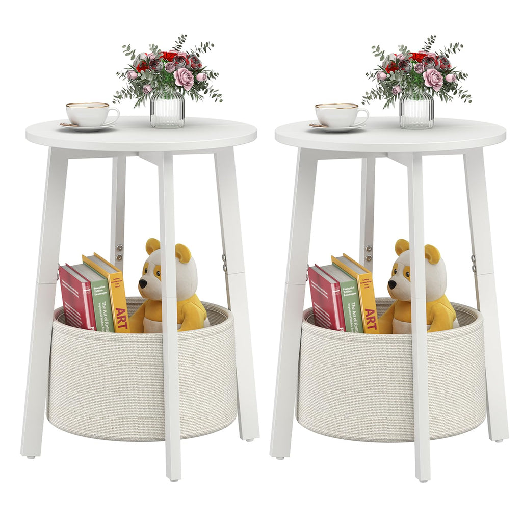 Small Round Side End Table with Cloth Storage Basket, Round Bedside Sofa Couch Coffee Tables for Small Places with Metal Frame, Modern Nighstands for Living Room Bedroom, Grey