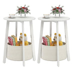 Small Round Side End Table with Cloth Storage Basket, Round Bedside Sofa Couch Coffee Tables for Small Places with Metal Frame, Modern Nighstands for Living Room Bedroom, Grey