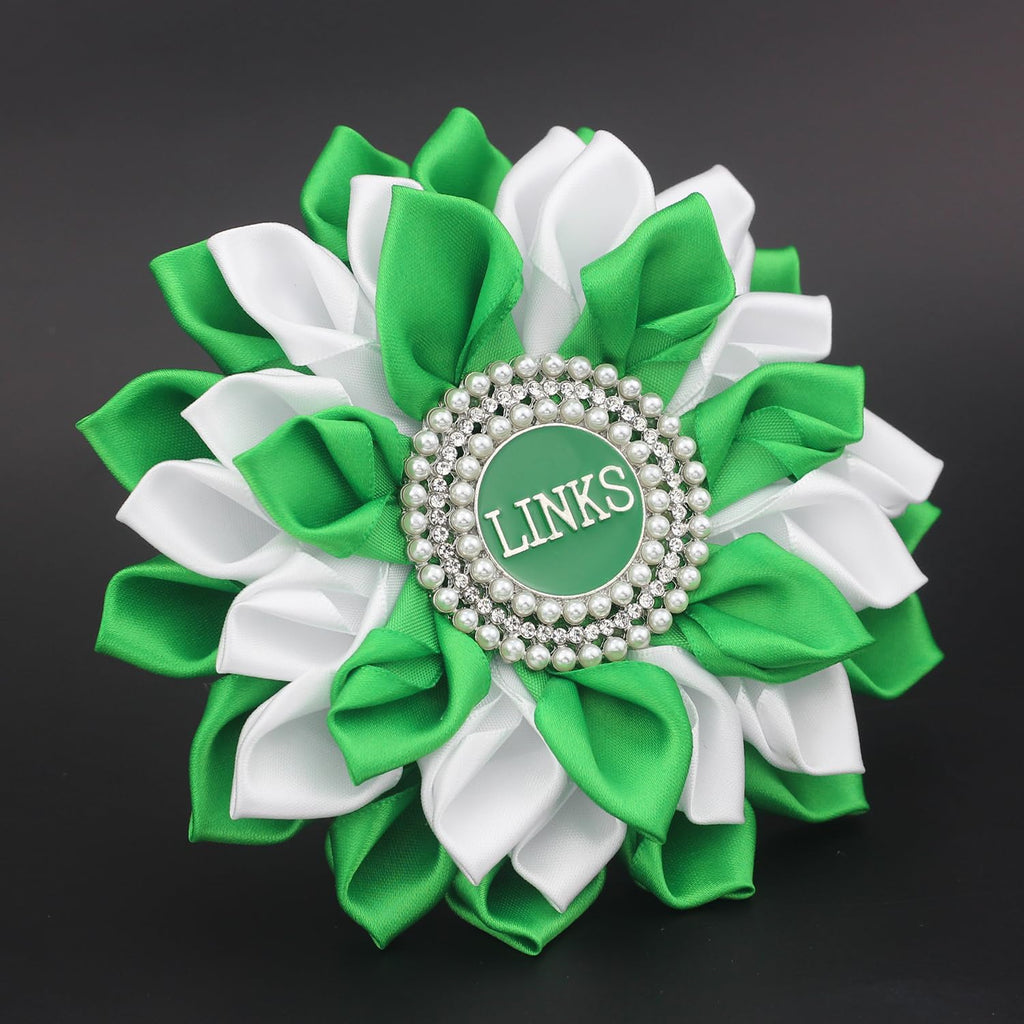 Greek Sorority Paraphernalia Gift Sorority Brooch Pin for Women White & Green Satin 5.5" Pearl Flower Pin
