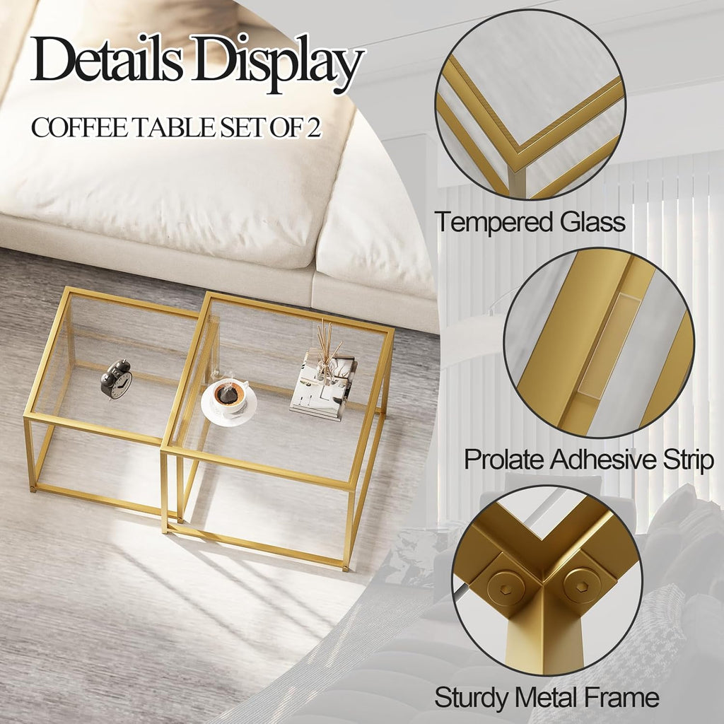 Glass Coffee Table Modern Center Living Room Table,Minimalist Nesting Table Set of 2 for Living Room,Tempered Glass-top with Sturdy Metal Frame, Easy Assembly,Gold