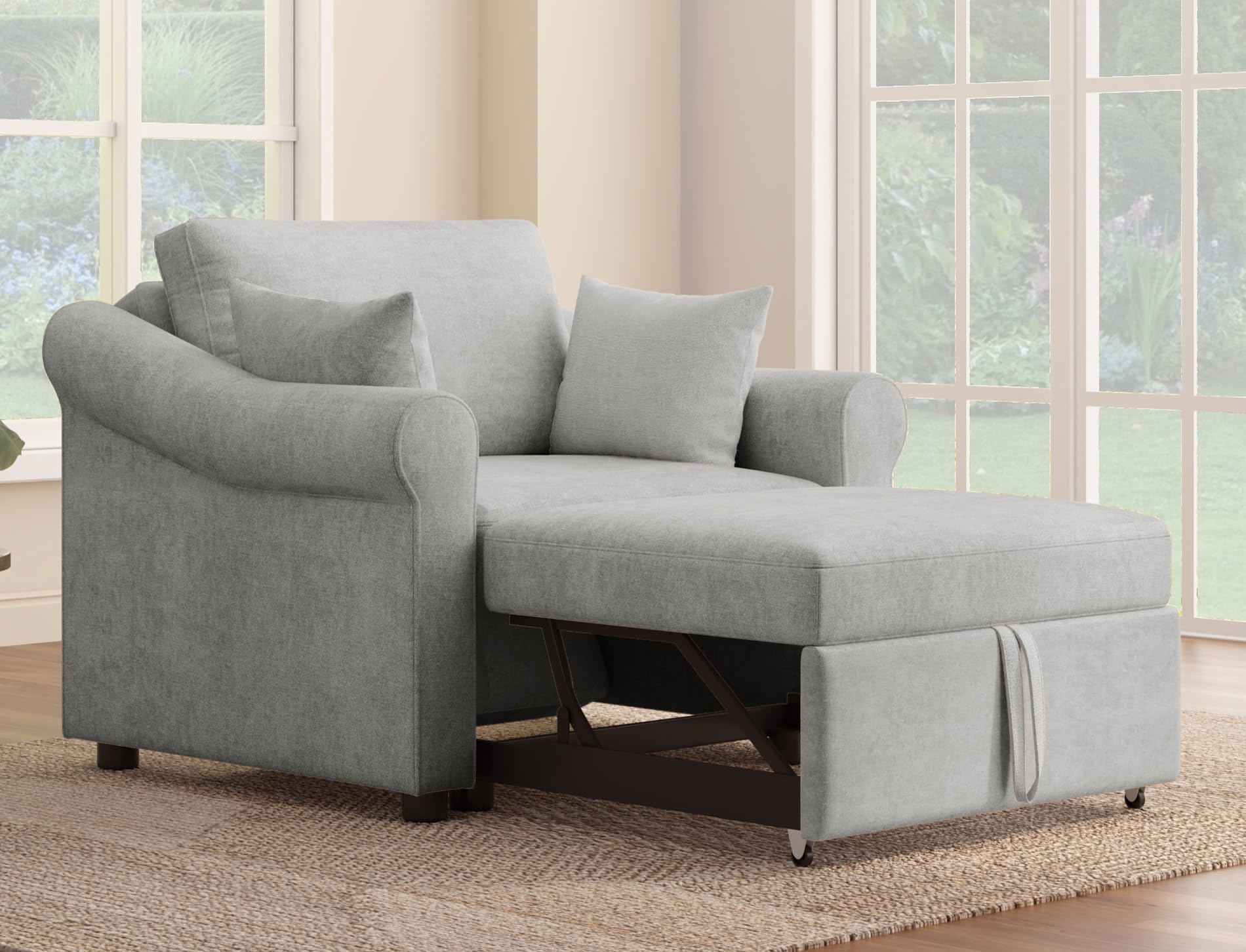 Merax Chenille Convertible Sleeper Chair with Pillow & Adjustable Backrest, Adult 3 in 1 Lounger Sofa Turns Into Chaise Lounge Recliner Single Bed for Living Room Balcony Bedroom Office, Beige