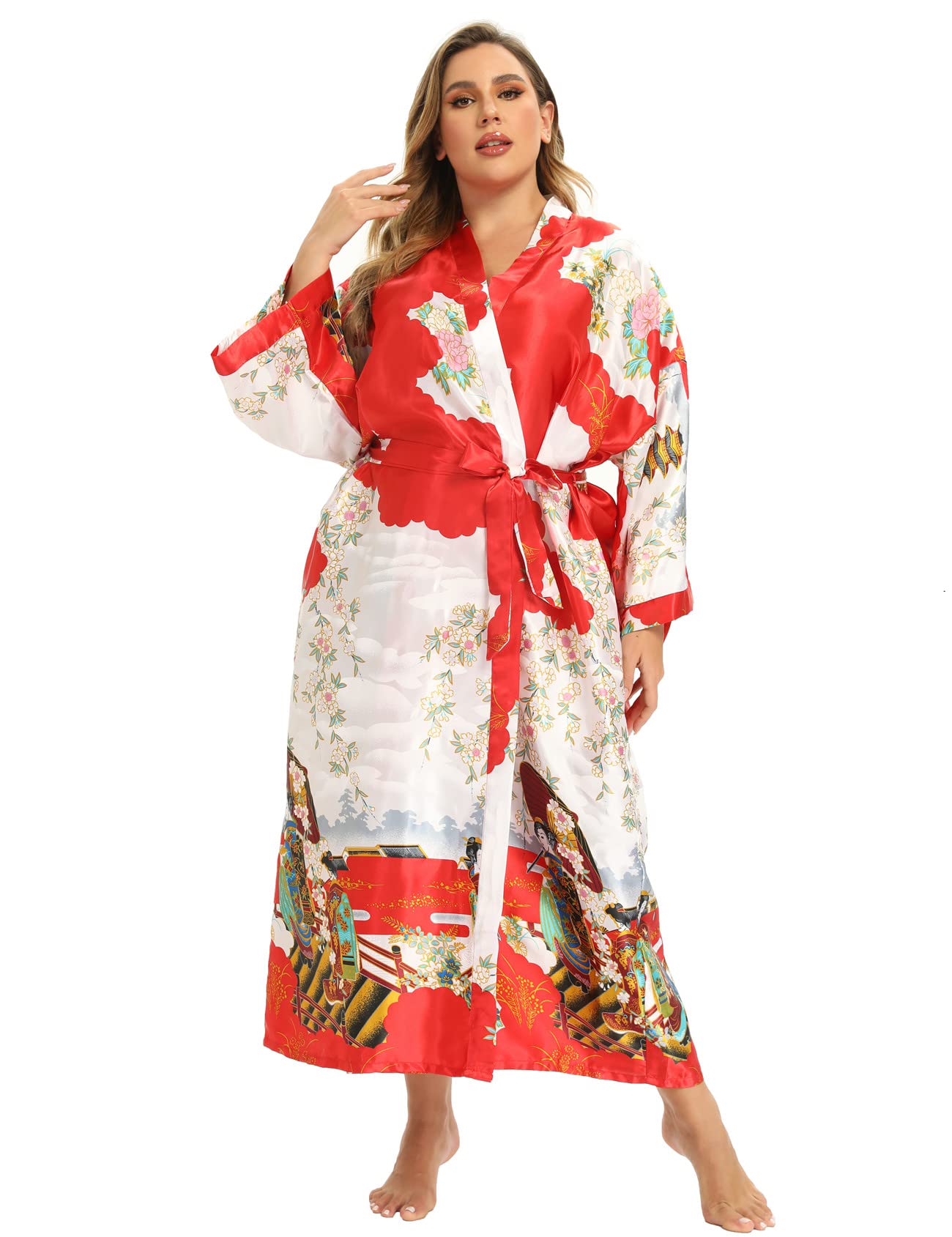 Women's Floral Long Satin Robes Plus Size Long Silk Robes Peacock Floral Kimonos Sleepwear Dressing Gown