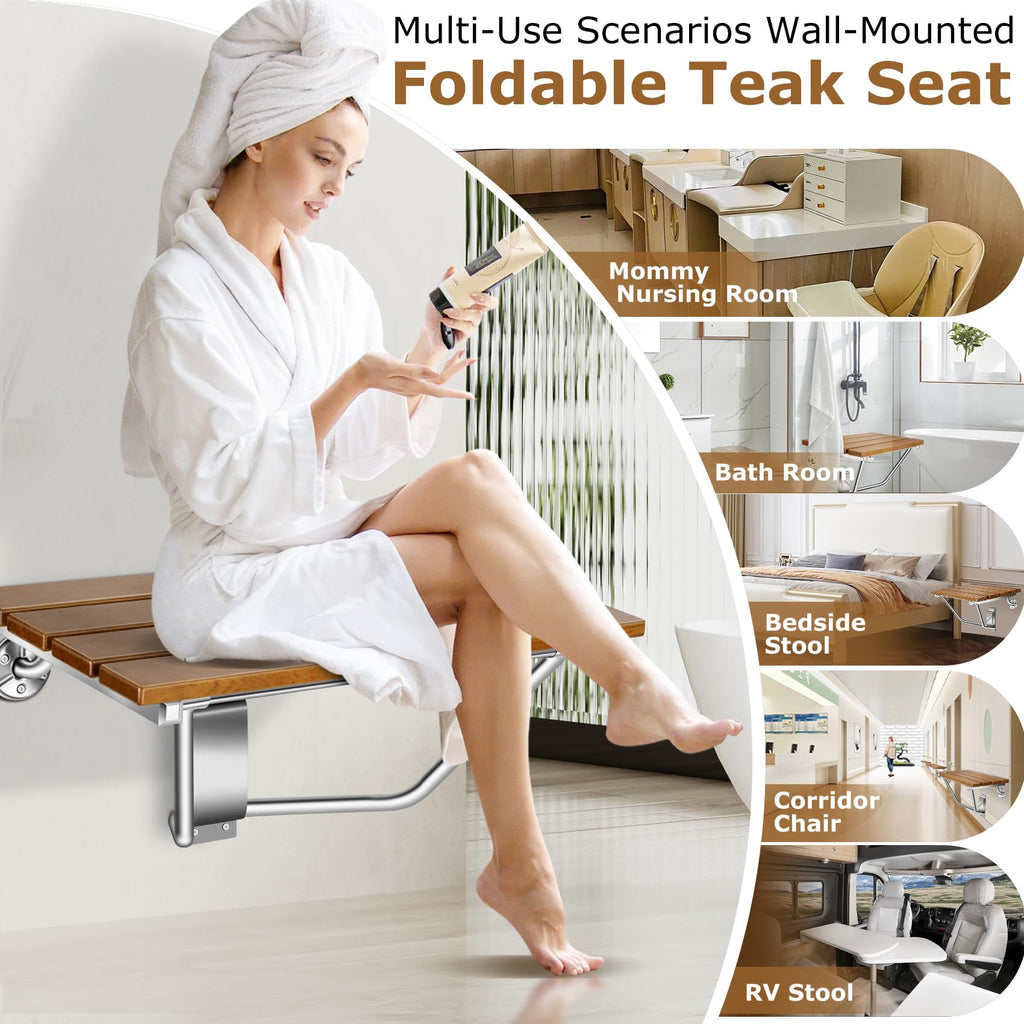 Wall-Mounted Folding Shower Seat 28" with Stainless Steel Bracket, Enhanced Structural Stability, 500 lb Capacity, Space-Saving, Suitable for The Elderly, Disabled, Pregnant Individuals, Children.