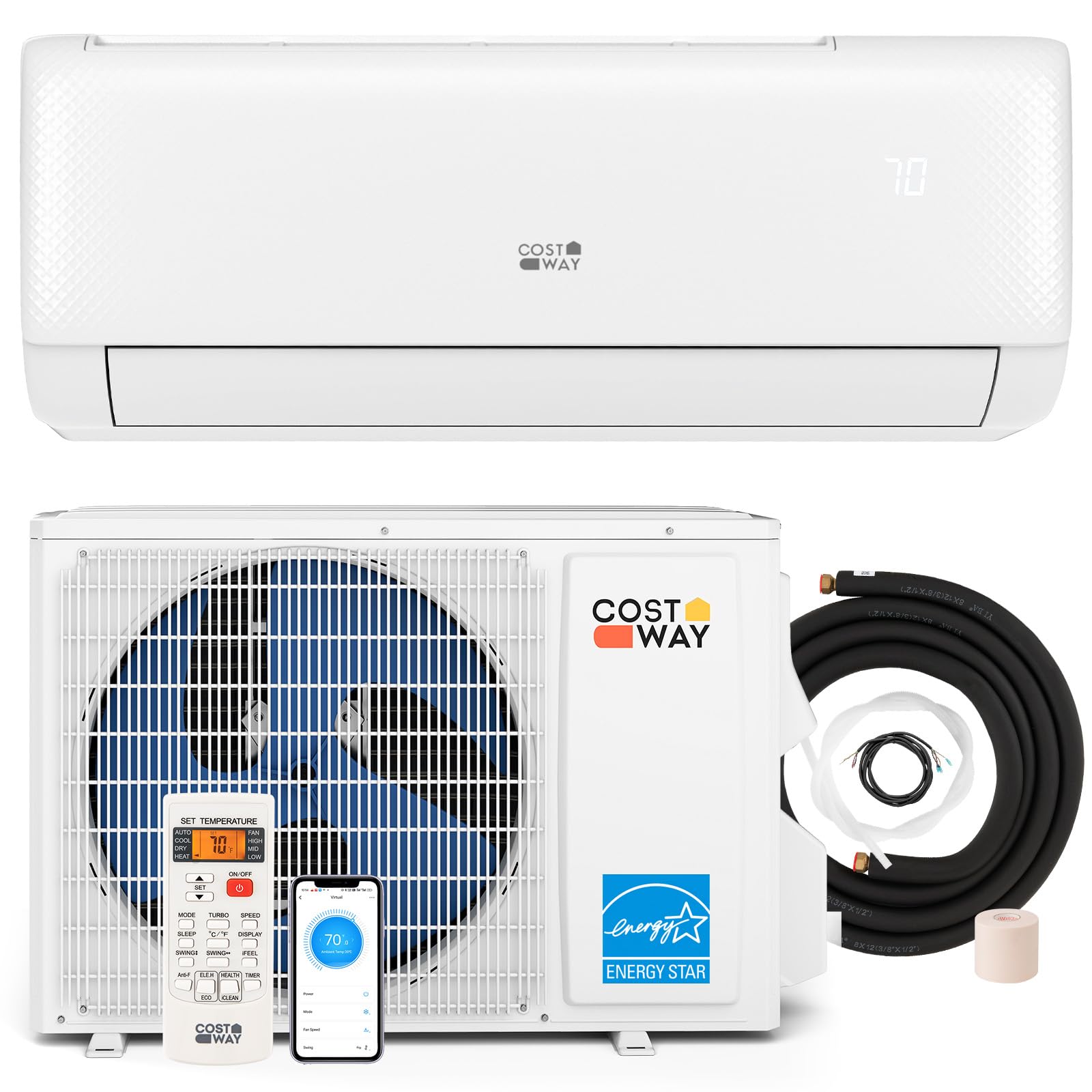 COSTWAY 12000BTU Mini Split Air Conditioner& Heater, 20 SEER2 115V Wall-Mounted Ductless AC Unit Cools Rooms up to 750 Sq. Ft, Energy Efficient Inverter AC with Heat Pump (Blast Series)