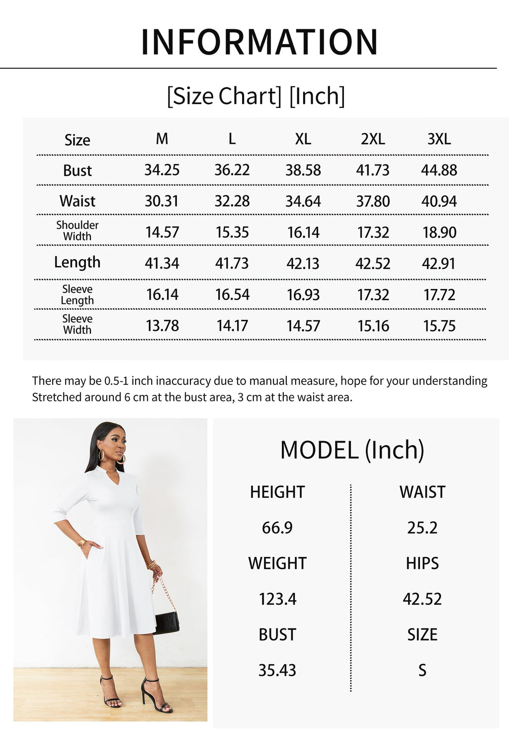Nmoder afslappede kjoler til kvinder semi-formel pasform og flare 3/4 ærme A-linje kirke arbejds kjole med lommer hvid XL