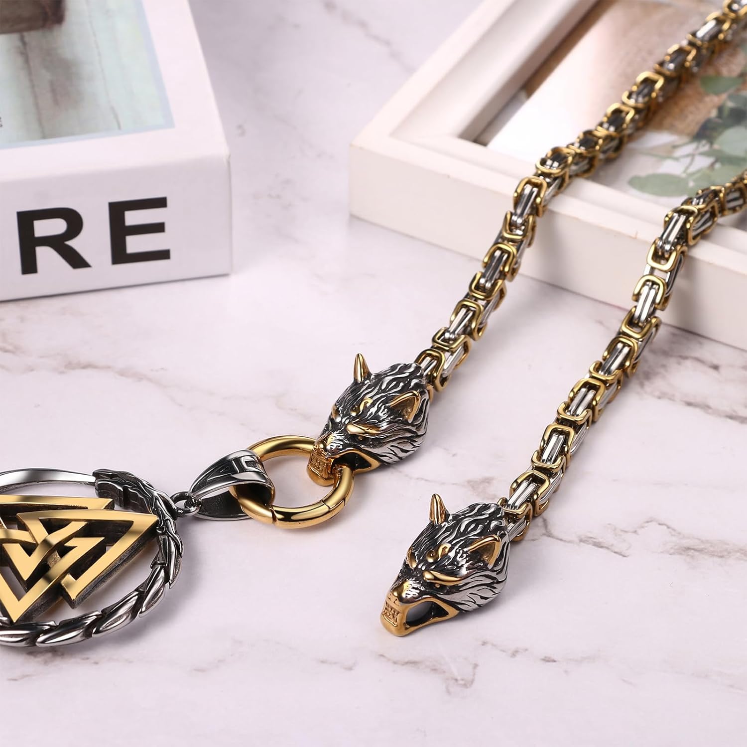 OIDEA Viking Thor's Hammer Necklace for Men: Vintage Viking Helm of Awe Mjolnir Pendant with Wolf Head Byzantine Chain Amulet Jewelry Gift for Men Women 24in Chain
