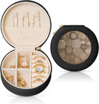 Petoskey Stone Printed Leather Jewelry Box, Black Round Jewelry Organizer for Earrings, Rings, Necklaces, Bracelets