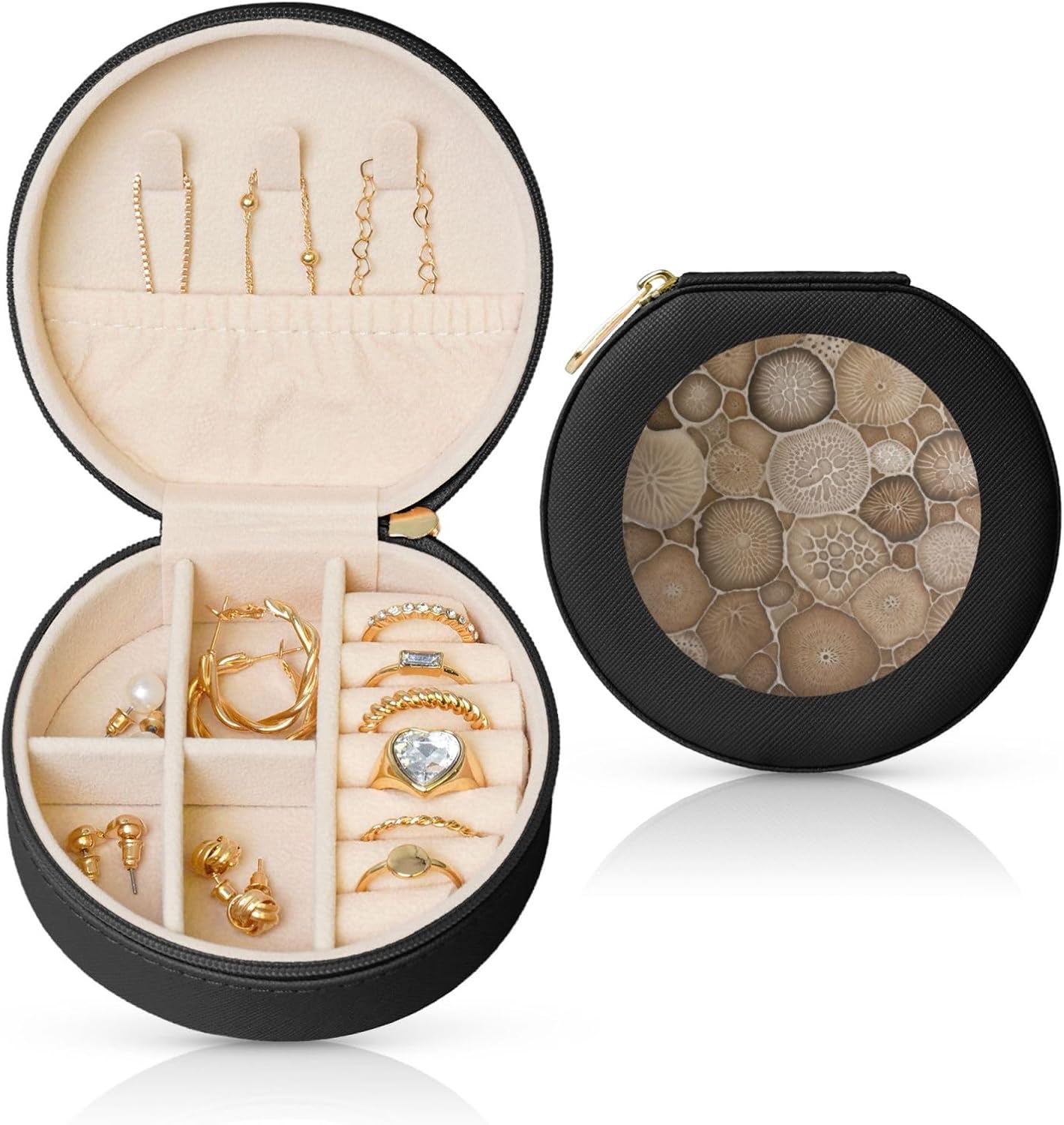 Petoskey Stone Printed Leather Jewelry Box, Black Round Jewelry Organizer for Earrings, Rings, Necklaces, Bracelets