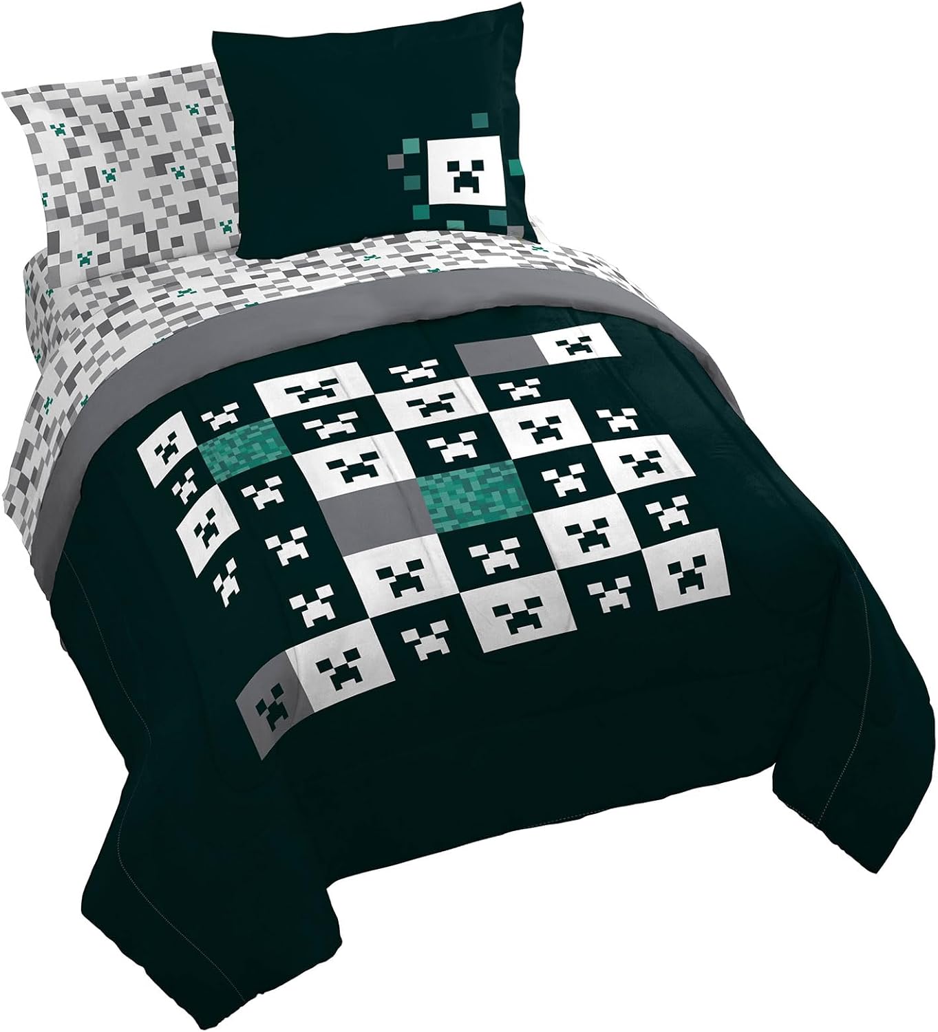 Jay Franco Minecraft Creeper Queen Comforter Set - 7 Piece Gamer Bedding Includes Sheet Set & Pillow Covers - Super Soft Checkered Bedding