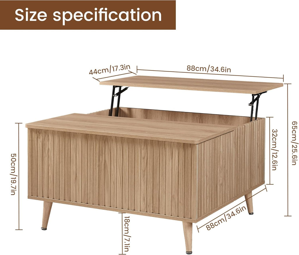 Square Coffee Table for Living Room, 35” Lift Top Coffee Table with Storage, Fluted Coffee Tables with Lifting Top, Mid Century Modern Center Tea Table for Home Office, Studio, Natural Oak