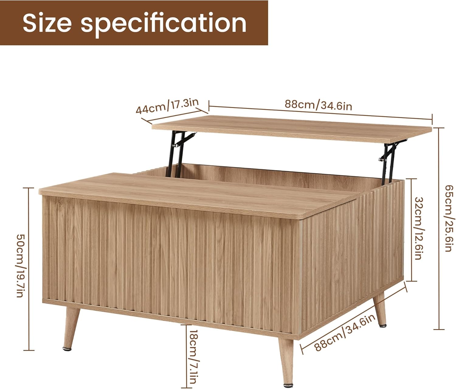 Square Coffee Table for Living Room, 35” Lift Top Coffee Table with Storage, Fluted Coffee Tables with Lifting Top, Mid Century Modern Center Tea Table for Home Office, Studio, Natural Oak