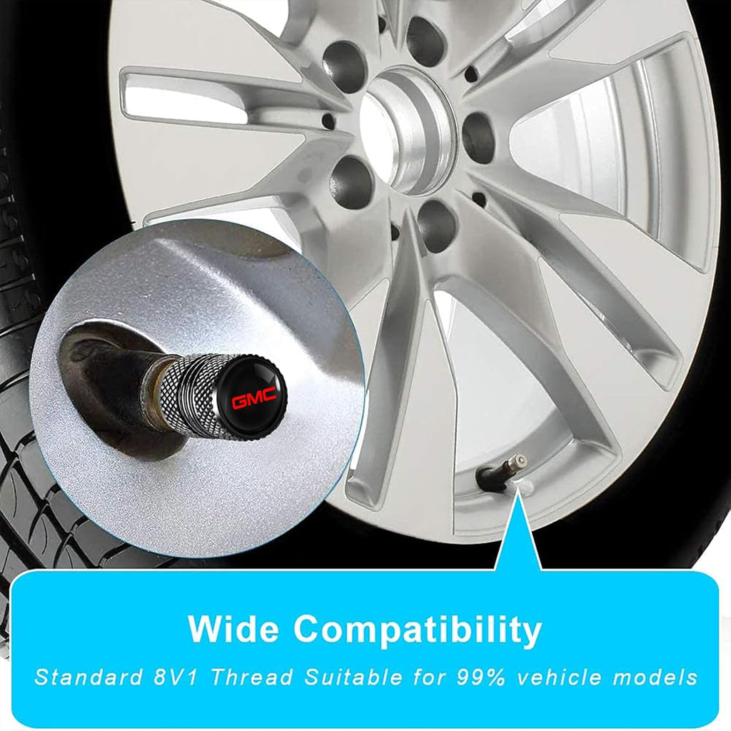Tire Valve Stem Cap for GMC Metal Tire Stem Cover with Belt O-Ring Air caps Sports Accessories 4 Pieces (Black)