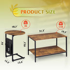 WLIVE Coffee Table, 31.3" and 18.7" Small Coffee Tables for Living Room, Modern Center Table and Side Table Set with Storage Side Pouch for Bedroom, Apartment, Rustic Brown