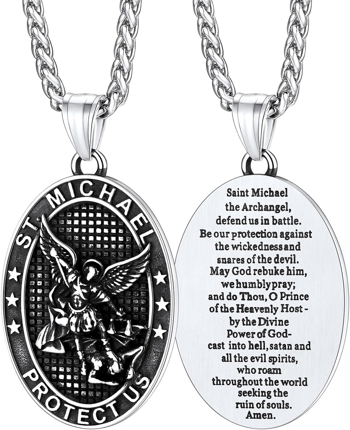 FaithHeart Saint Michael Necklace, Stainless Steel/18K Gold Plated St Michael the Archangel Pendant Amulet for Men Women with Gift Packaging