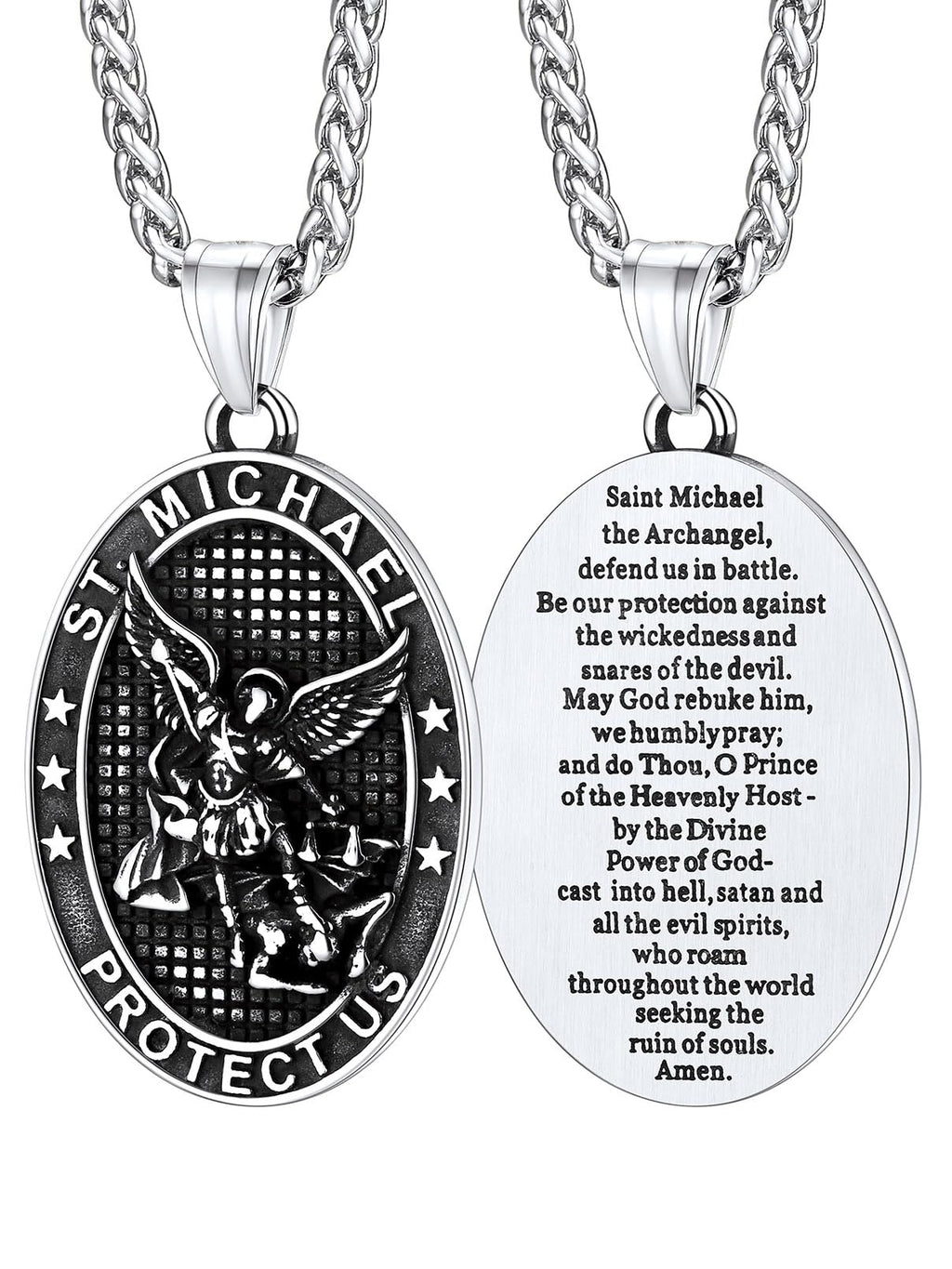 FaithHeart Saint Michael Necklace, Stainless Steel/18K Gold Plated St Michael the Archangel Pendant Amulet for Men Women with Gift Packaging