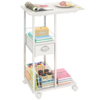 Rolling C Shaped Side Table with Storage Drawer, Ivory Portable Desk on Wheels, Bedside Table for Sofa Couch & Bed, Small Overbed Laptop Desk, Mobile Coffee End Table for Bedroom Living Room Dorm