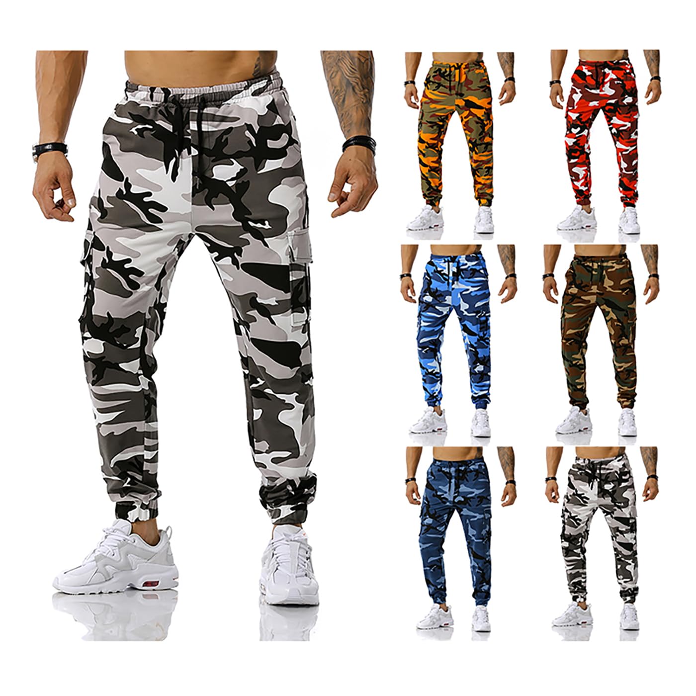 GRAJTCIN Mens Streetwear Elastic Waist Hiking Pants Lightweight Sports Sweatpants Casual Joggers Pant with Pockets Camo Cargo Work Pants for Men Fashion Grey M
