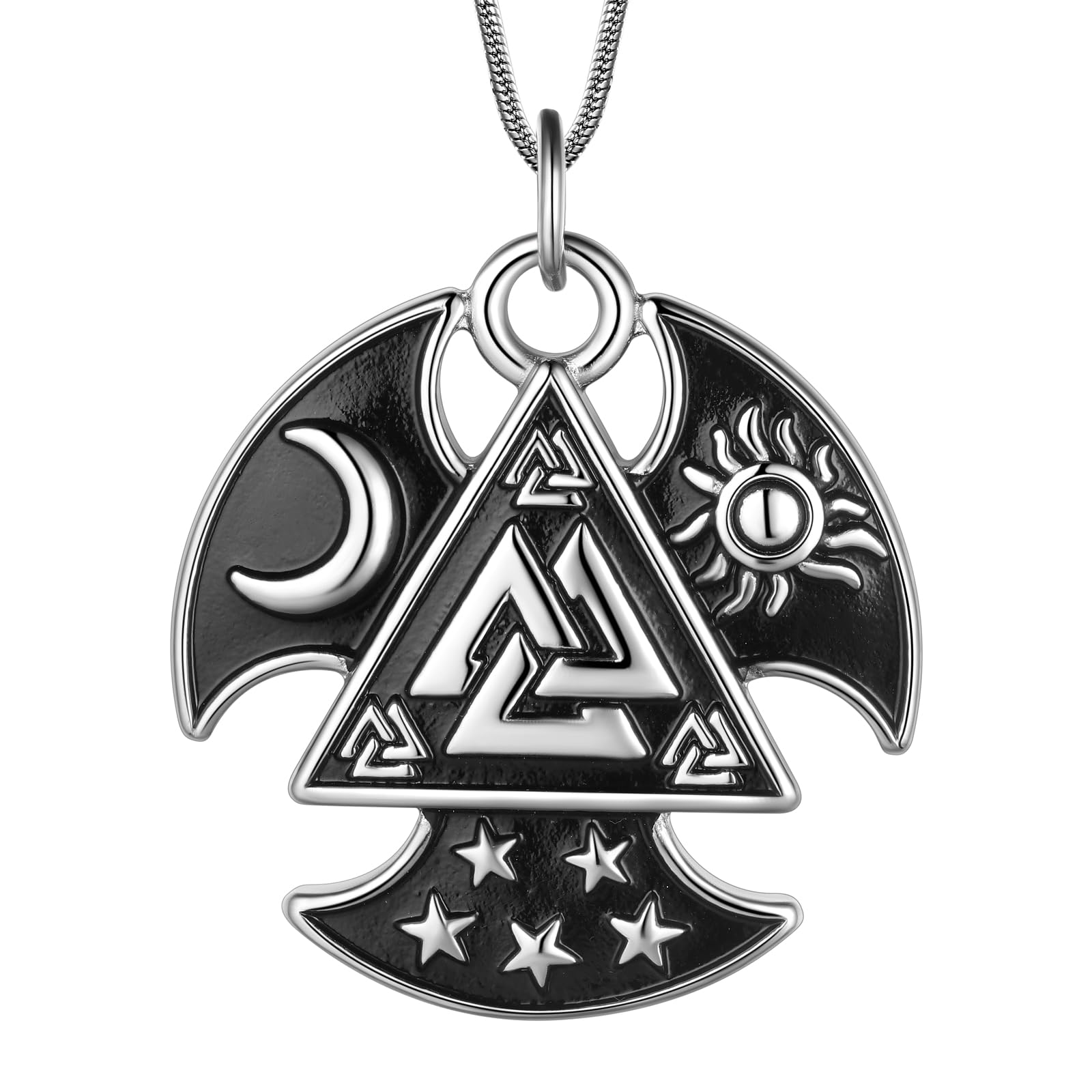 Celtic Knot Necklace Viking Pendant - Celtic Norse Triple Odin Horns Crescent Moon of Oden Horn Necklace Mens 316L Stainless Steel Triskelion Amulet Pewter Tribal Protection Viking Triskele Jewelry