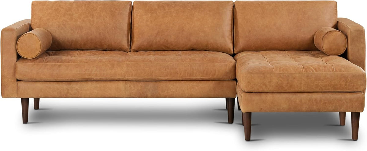 POLY & BARK Napa Leather Couch – Right-Facing Sectional Leather Sofa - Tufted Back Full Grain Leather Couch with Feather-Down Topper On Seating Surfaces – Pure-Aniline Italian Leather – Cognac Tan