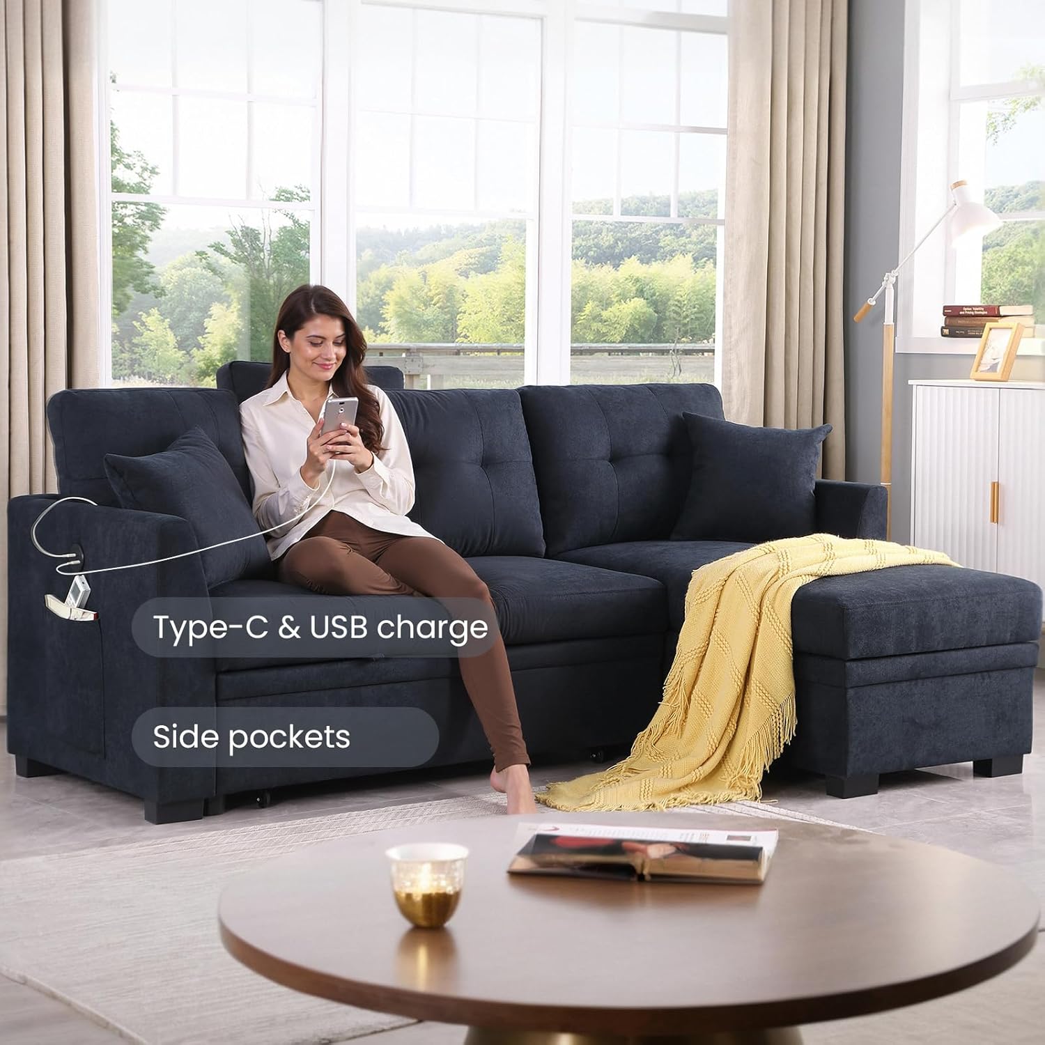 L Shape Sofa with Storage, Pull Out Couch Bed with USB&Type-C Ports, Convertible Sleeper Sofa, Futon Chaise Lounge Recliner for Living Room, Apartment, Bedroom, Office, Ink Blue