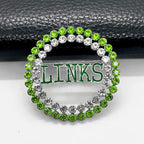 Exquisite green rhinestone inlaid round LINKS letter metal brooch the links incorporated society jewelry pin