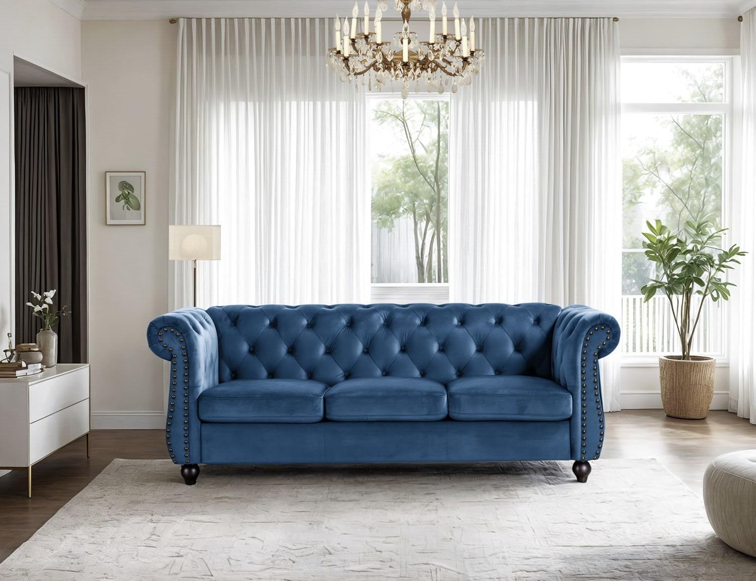 Container Furniture Velvet Chesterfield Couch, Button-Tufted Backrest, Rolled Arms, High-Density Foam with Spring Support, Elegant Accent Piece, Sofa, Dark Blue
