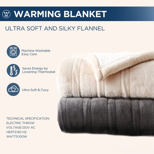 Westinghouse Heated Throw Blanket, Electric Blanket Throw with 6 Heating Levels and 2-10 Hours Time Settings, Flannel to Sherpa Super Cozy Heated Blanket Machine Washable, 50x60 inch, Charcoal