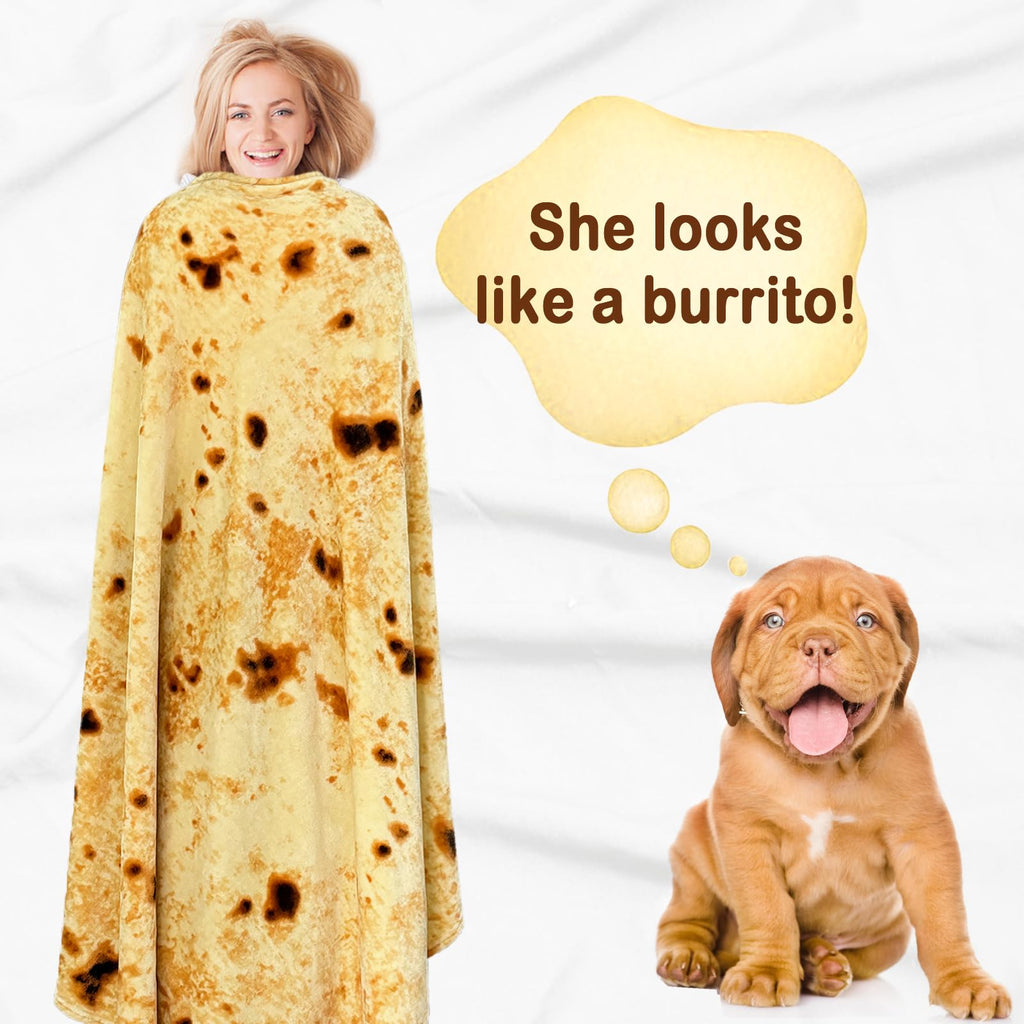 Bnuitland Burritos Tortilla Blanket, 300GSM Double Sided Giant Funny Gift Throw with Pouch, Realistic Novelty Super Soft Sofa Yellow Taco Food Blanket for Kids/Pets and Adults