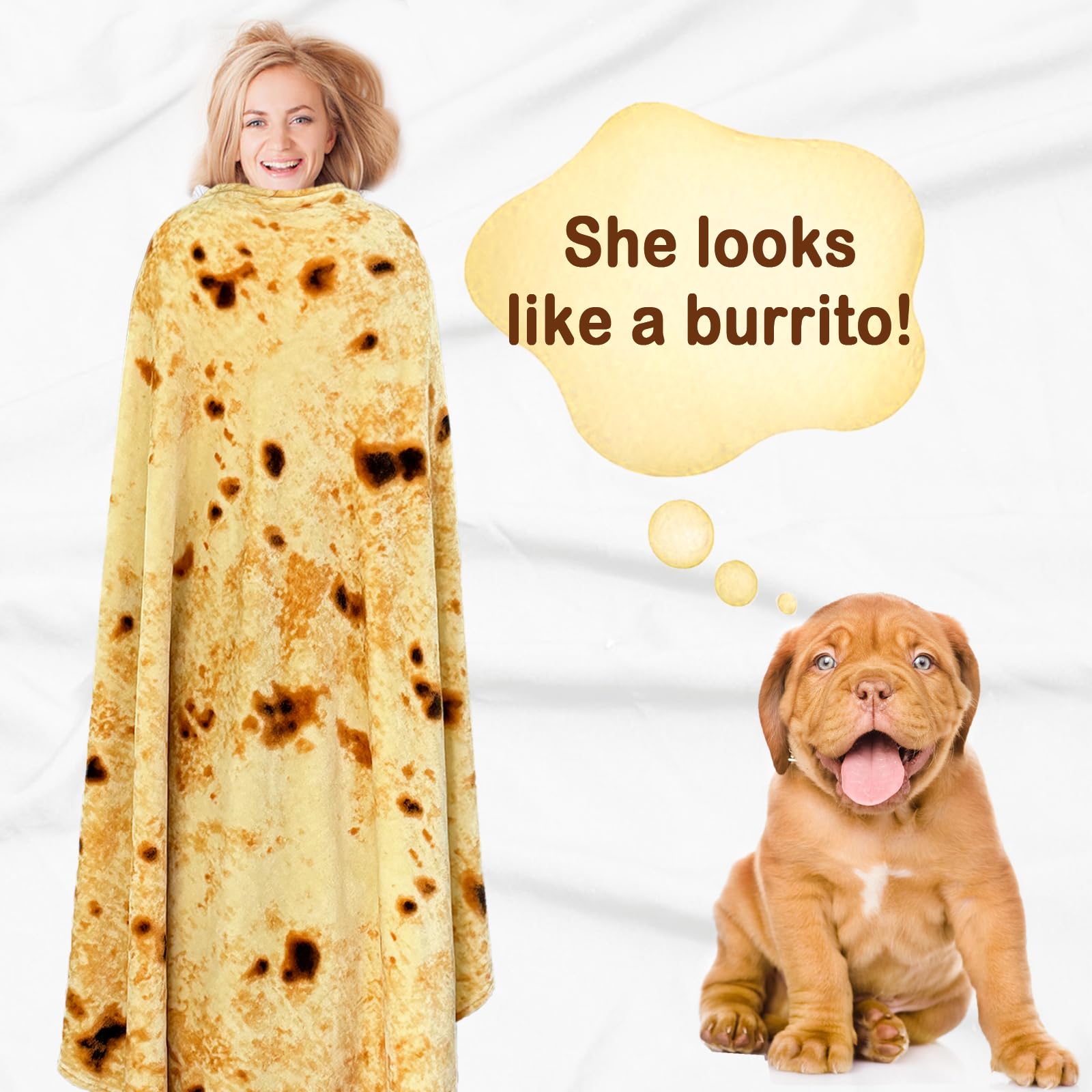 Bnuitland Burritos Tortilla Blanket, 300GSM Double Sided Giant Funny Gift Throw with Pouch, Realistic Novelty Super Soft Sofa Yellow Taco Food Blanket for Kids/Pets and Adults