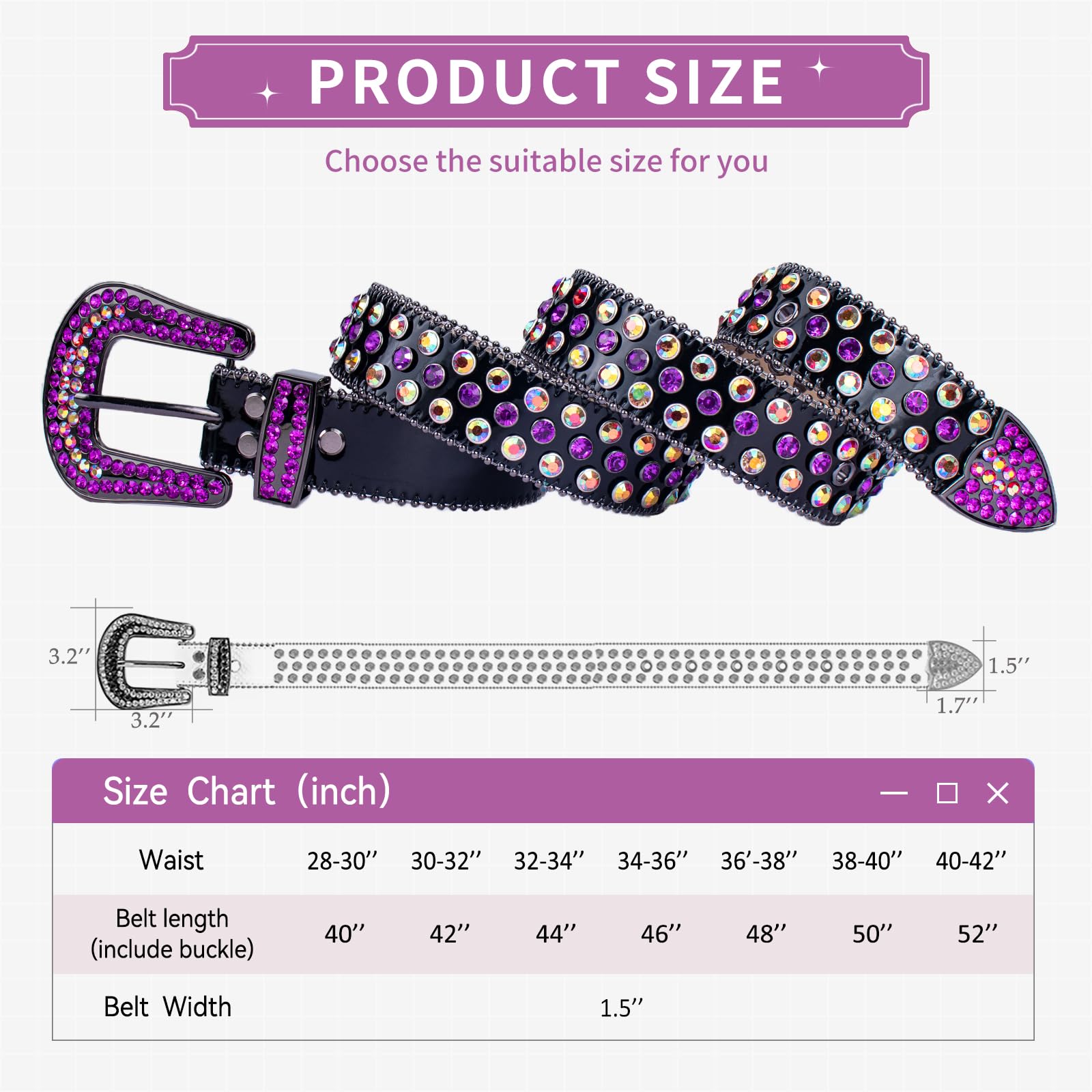 TINIDI Luxury Strap Men Women Rhinestones Belt Western Bling Bling Crystal Diamond Studded Belts(Black Purple, Fit Waist 30-32 inches)