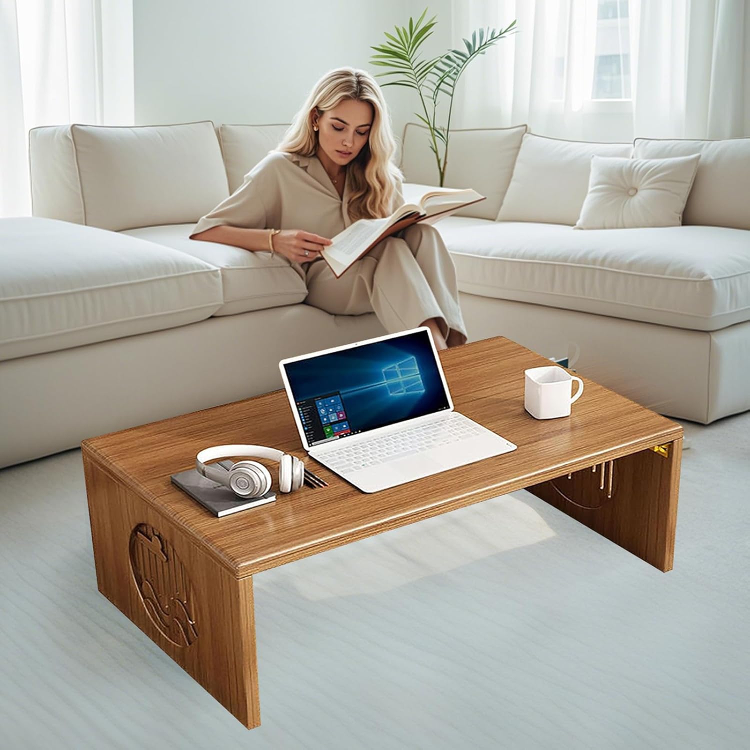 Japanese Folding Coffee Table, Foldable Low Coffee Tables, Bamboo Floor Table Desk for Sitting on The Floor, No Assembly, Portable Living Coffee Table (39.4 Inch)