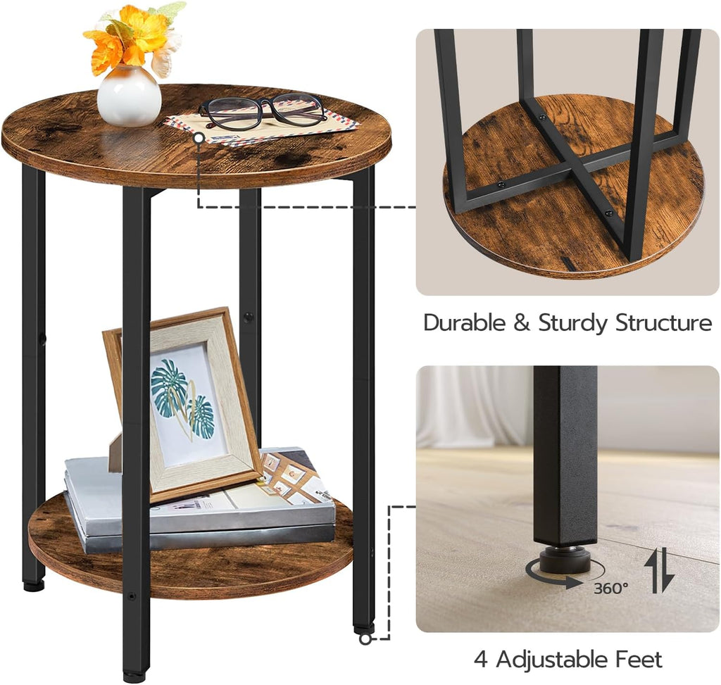 HOOBRO Round Side Table, Wooden Look Accent End Table for Sofa Couch, Round Nightstand with 2-Tier Storage Shelf, for Small Spaces in Living Room, Bedroom, Rustic Brown BF58BZ01G1
