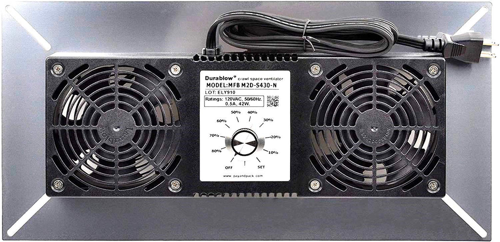 Durablow 220 CFM Air-Out Stainless Steel Crawl Space Vent Fan, Dual Fans with Dehumidistat & Thermostat, Foundation Vent, Radon Mitigation, for Crawl Space, Basement (Stainless Steel 430, M2D-S430)