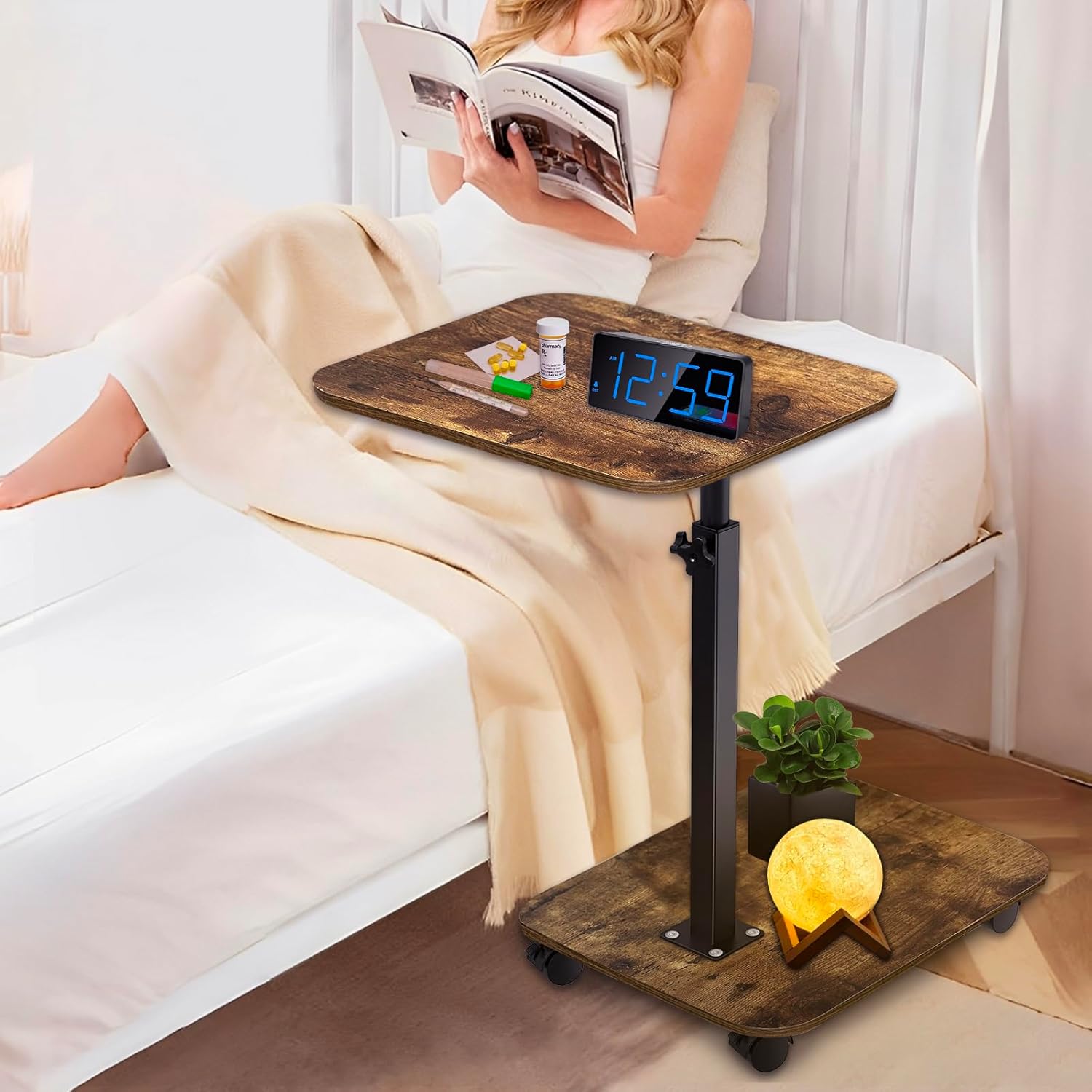 TV Tray with Wheels, 2-Tier Side Table for Couch – Adjustable Height & Angle, 360° Swivel C-Shaped End Table for Snacks, Meals, Coffee, Books, Tablets – Rustic Brown