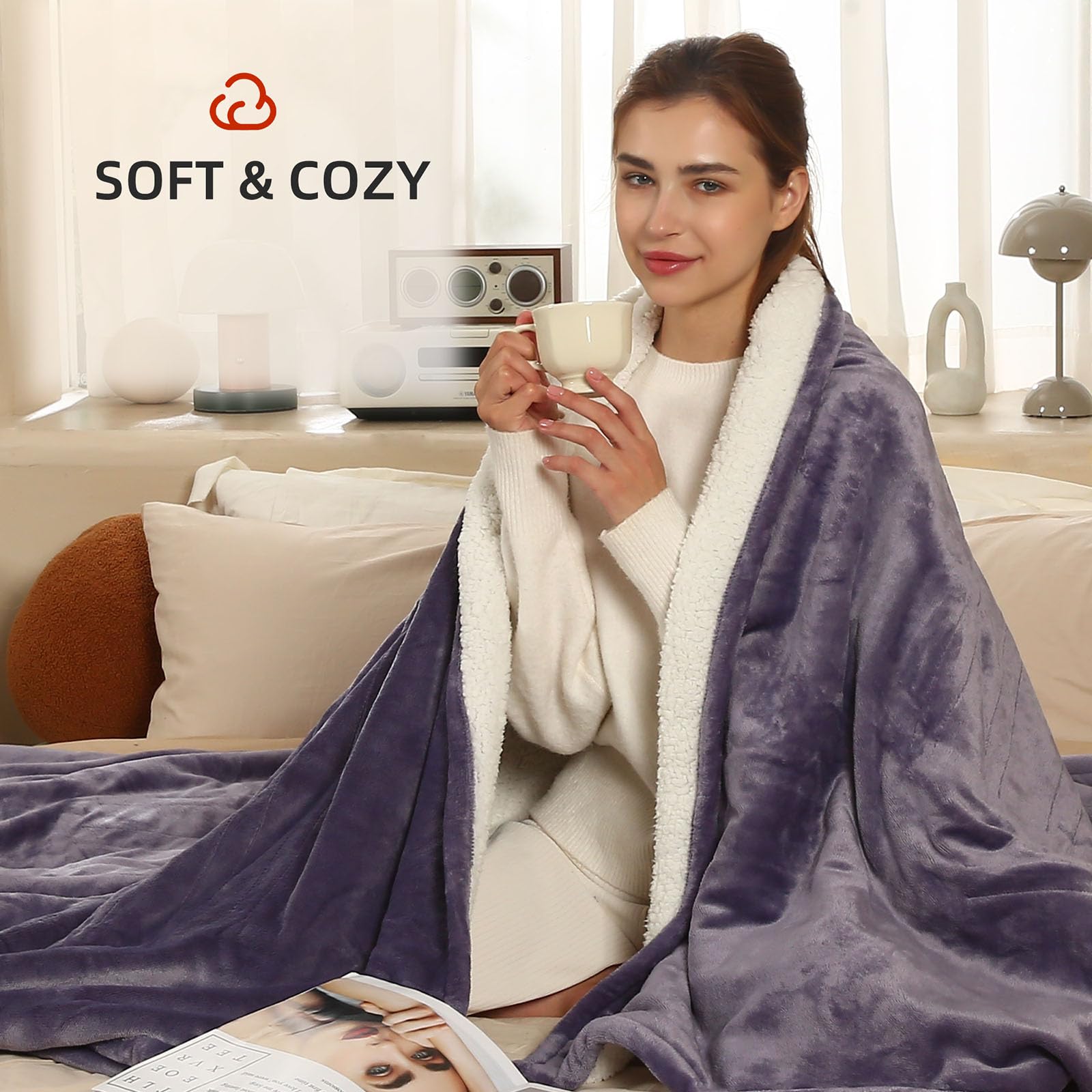 Coperta Elettrica Riscaldata Plaid con 5 Livelli di Riscaldamento e Spegnimento Automatico dopo 4 Ore, Plaid Riscaldato 50"x60" con Certificazione ETL e FCC per Casa e Ufficio, Lavabile in Lavatrice, Grigio Scuro