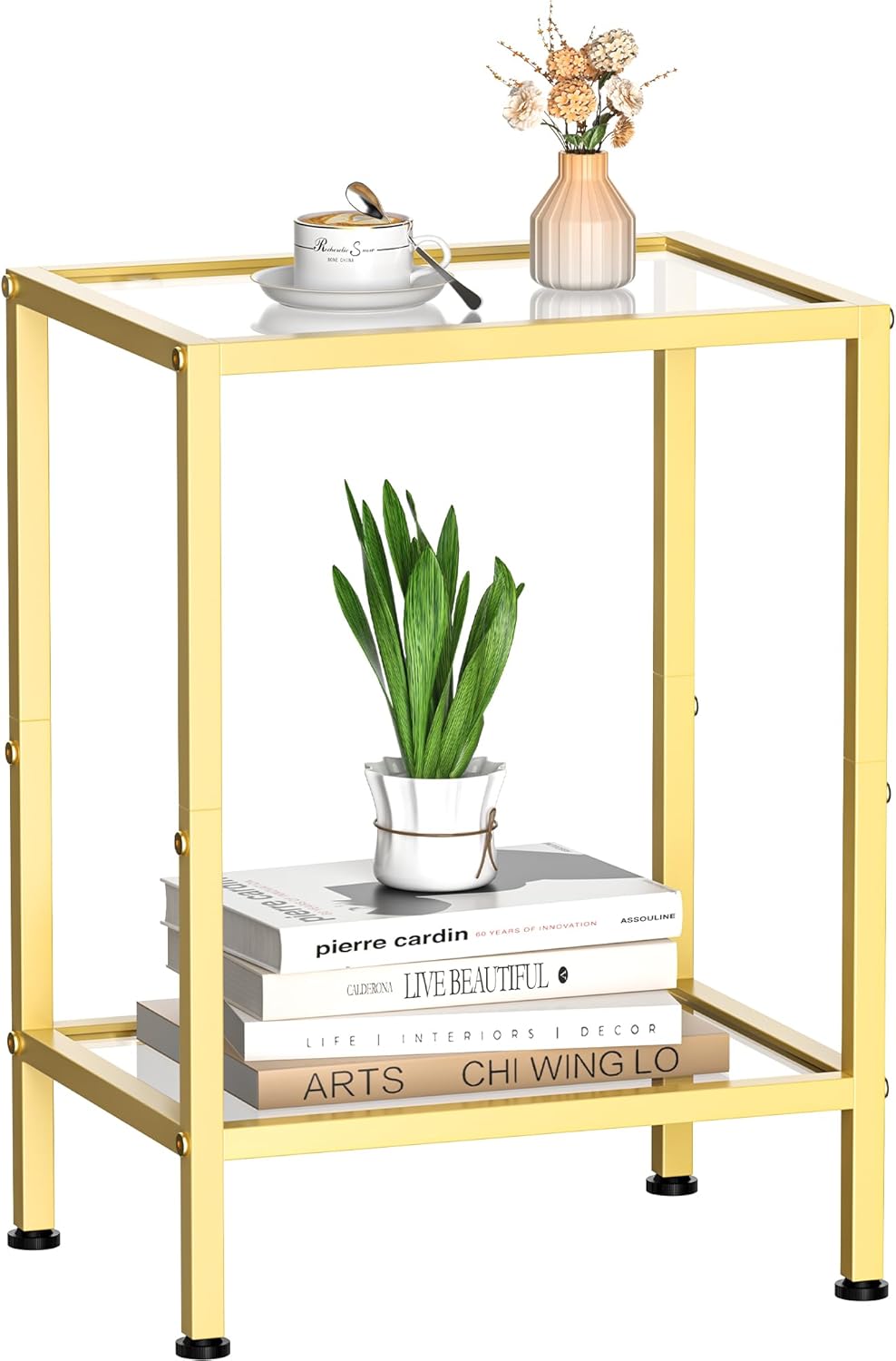 Gold Side Table, Tempered Glass End Table, 2-Tier Nightstands with Open Shelves, Small Coffee Table with Modern Style, Accent Table Small Table Sofa Table for Living Room, Bedroom